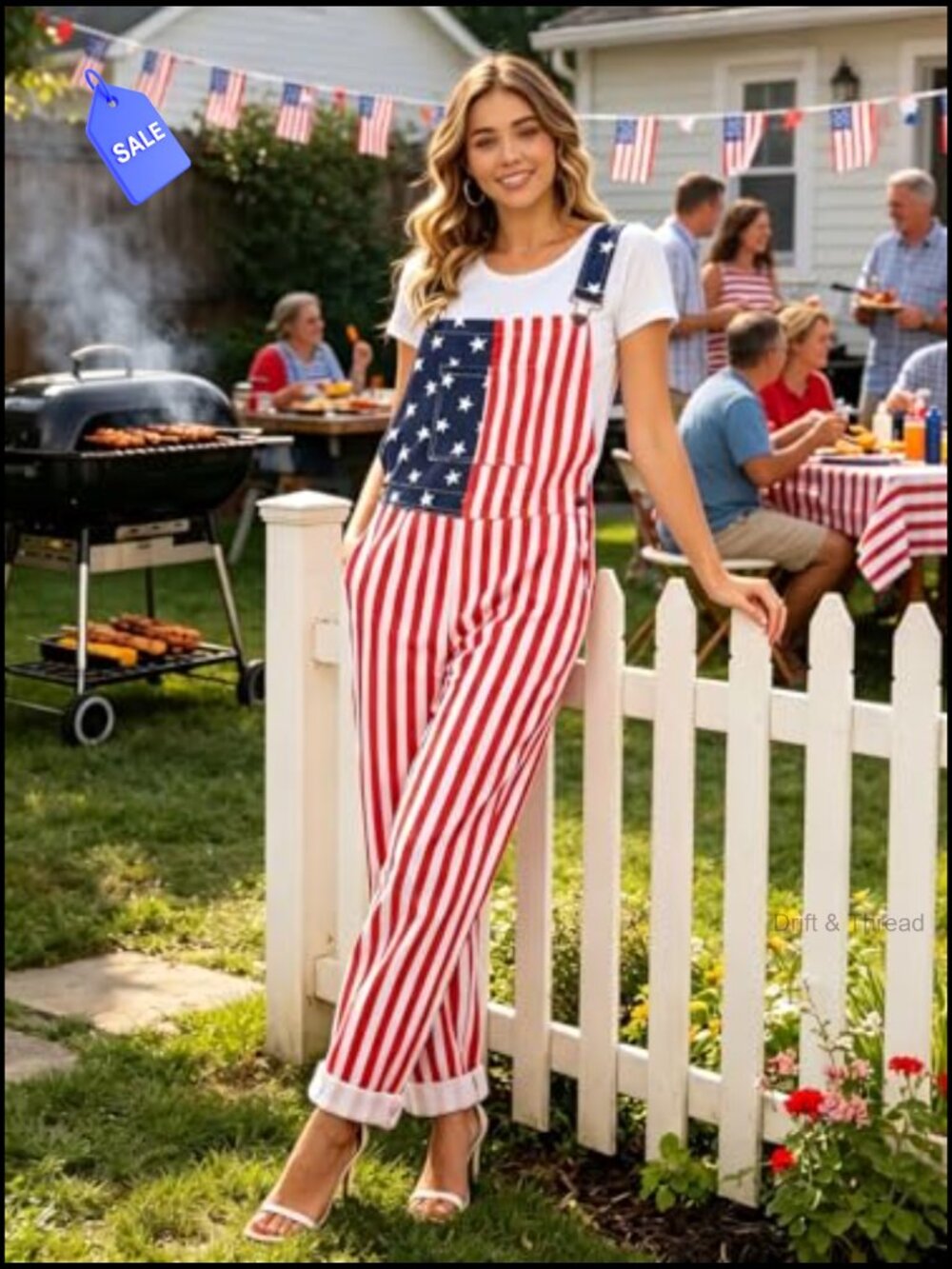 Women's Patriotic USA Overalls Stretch Cotton Bibs 250th Anniversary - Picture 4 of 7